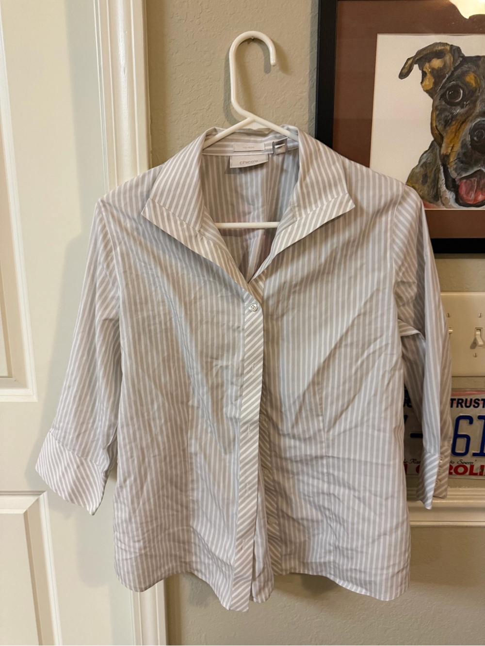 Chico's White and Light Gray Striped Button-Up Blouse